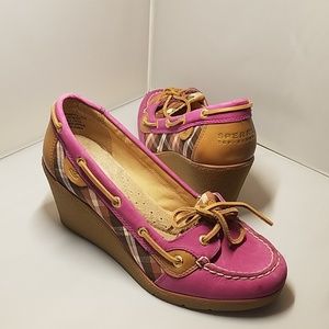 Sperry Top Sider Fuchia Pink & Tan Wedges Loafers